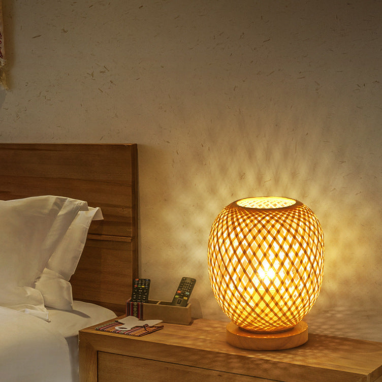 Wood Bamboo Weaving Lantern Table Lamp