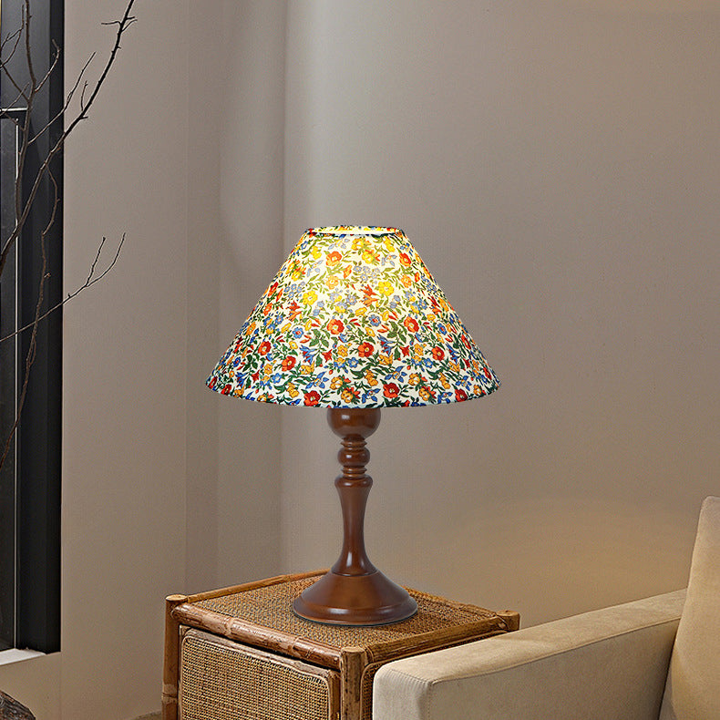 Drum Floral Fabric Wood Table Lamp