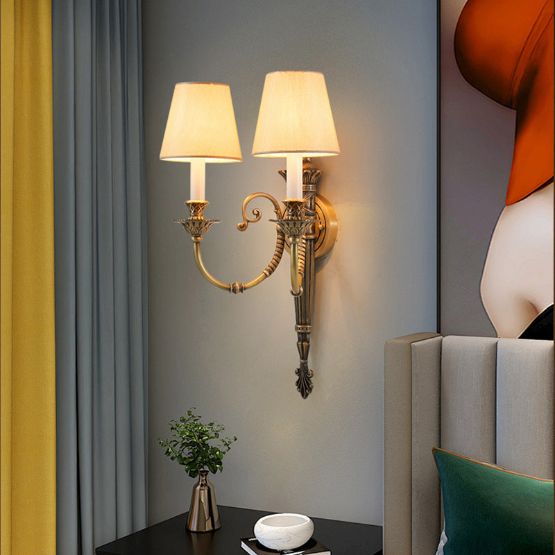 Brass Fabric Cylinder Living 2-Light Wall Lamp