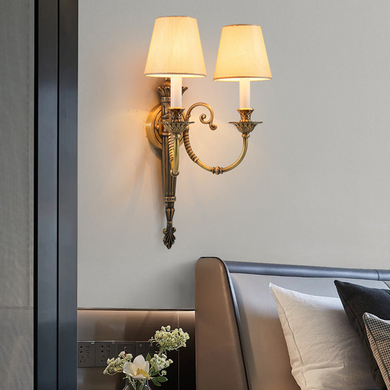 Brass Fabric Cylinder Living 2-Light Wall Lamp