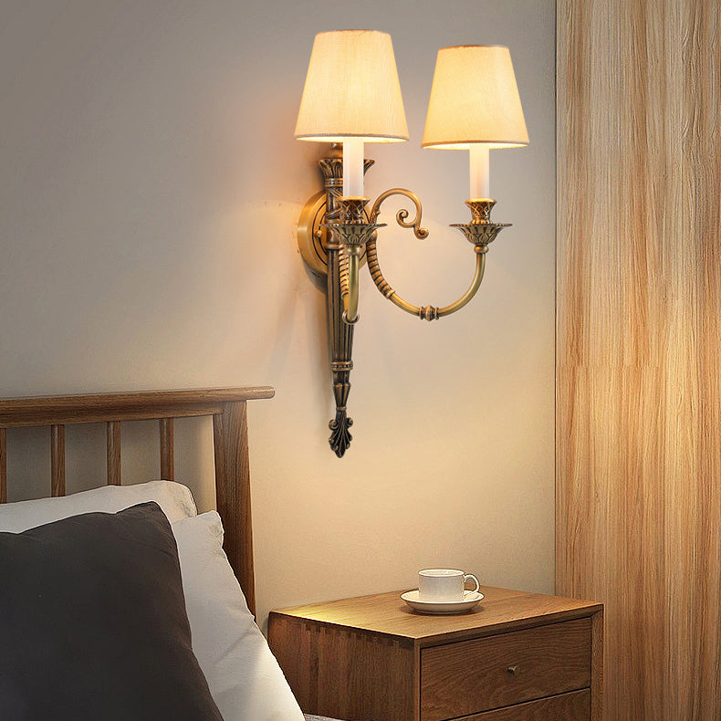 Brass Fabric Cylinder Living 2-Light Wall Lamp