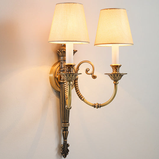 Brass Fabric Cylinder Living 2-Light Wall Lamp