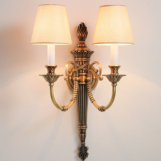 Brass Fabric Cylinder Living 2-Light Wall Lamp
