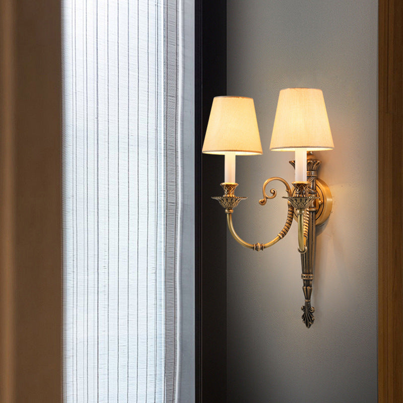Brass Fabric Cylinder Living 2-Light Wall Lamp