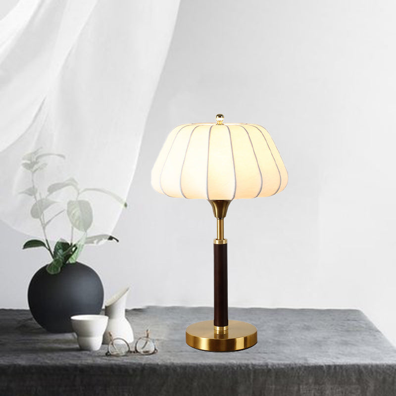 Wood Brass Silk Drum Table Lamp