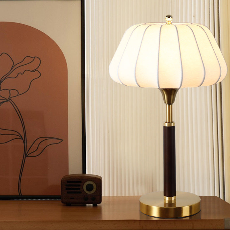 Wood Brass Silk Drum Table Lamp