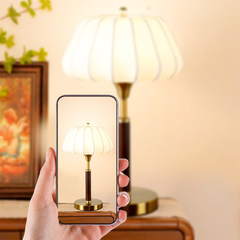 Wood Brass Silk Drum Table Lamp