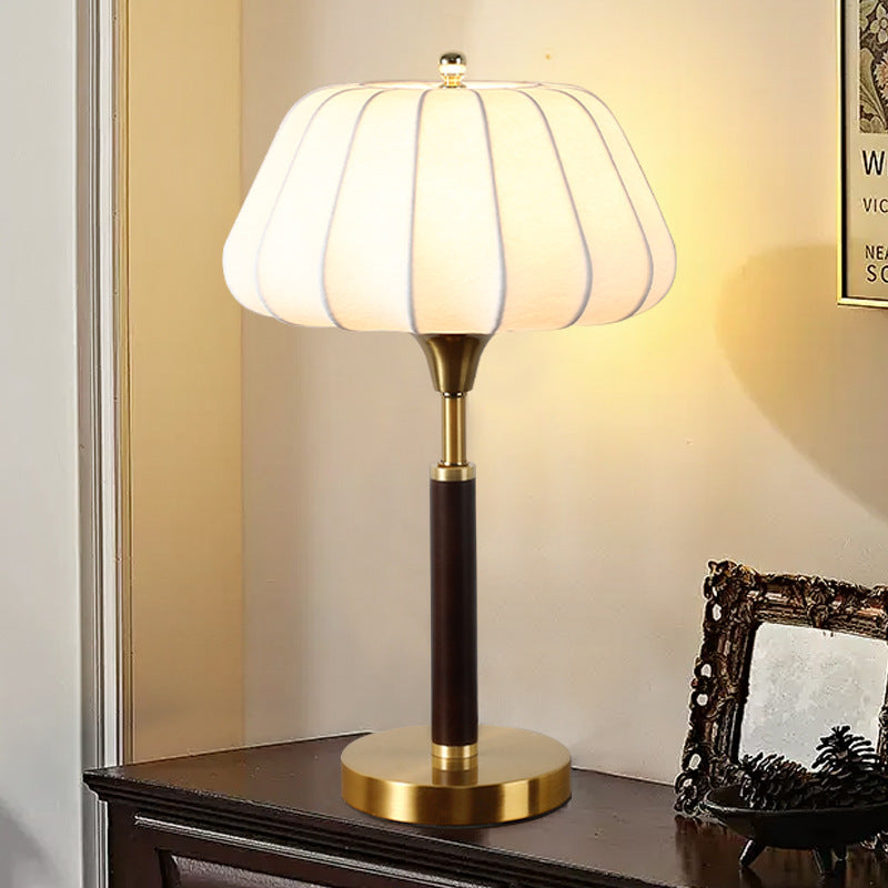 Wood Brass Silk Drum Table Lamp