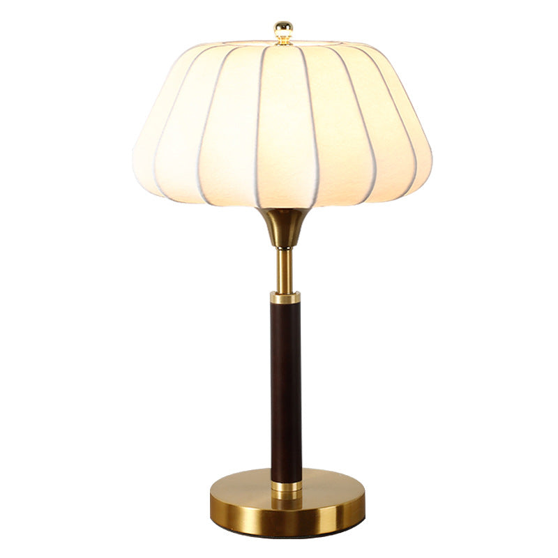 Wood Brass Silk Drum Table Lamp