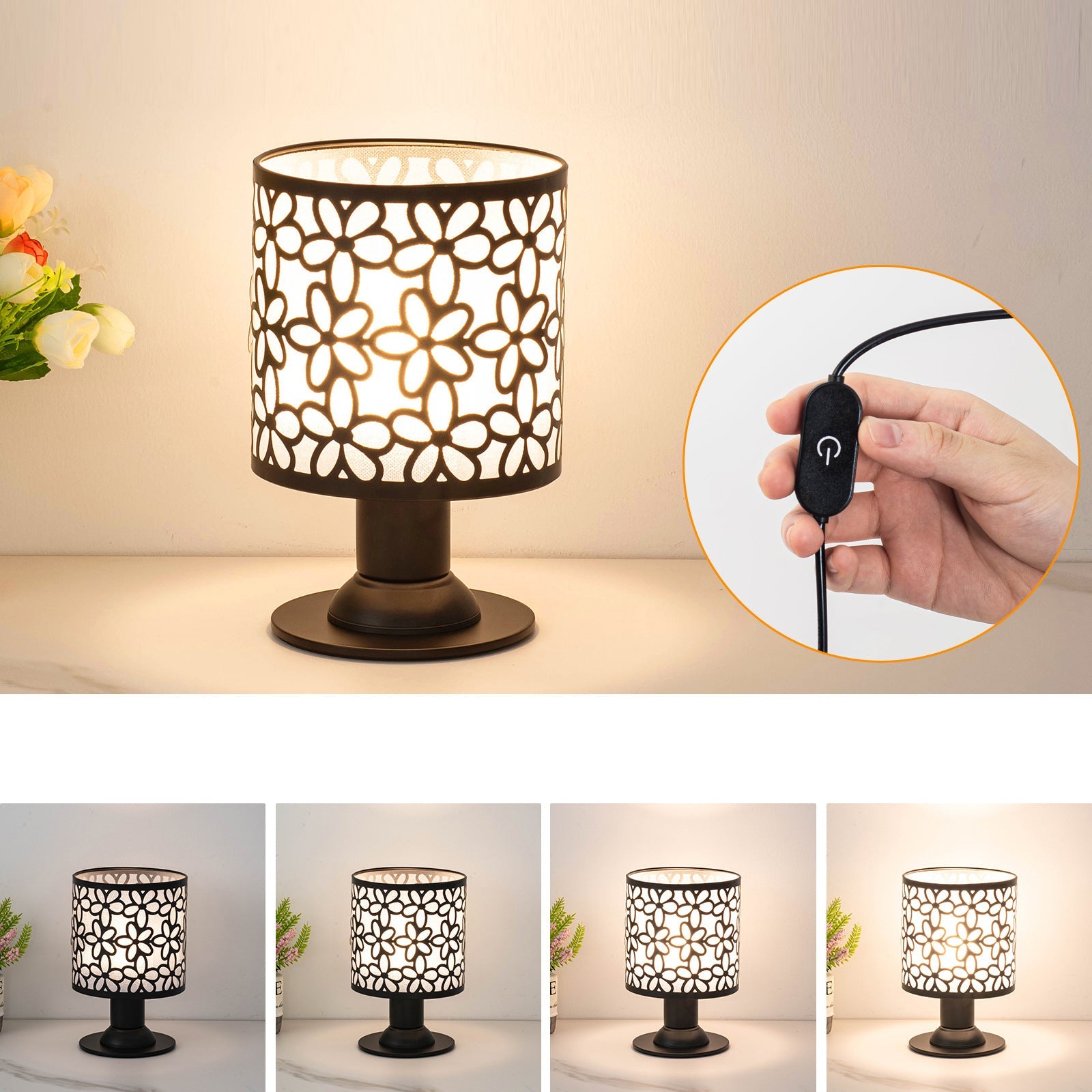 Iron Fabric Cylinder Flower Table Lamp