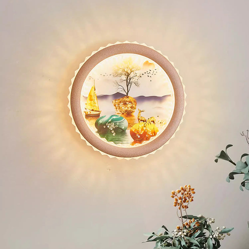 Round Fortune Deer Ginkgo Wall Lamp