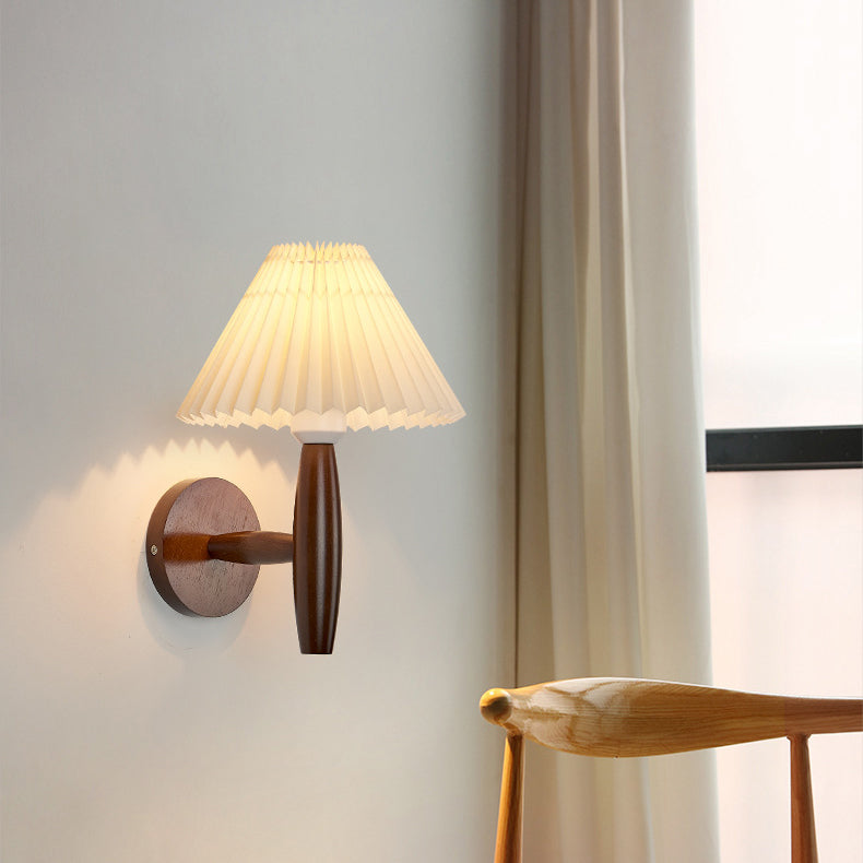 Pleated Umbrella Fabric Wood Wall Lamp