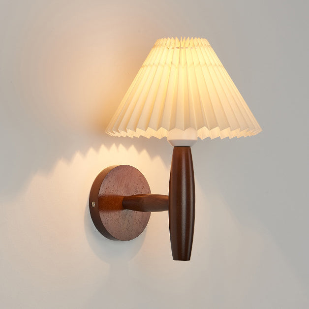 Pleated Umbrella Fabric Wood Wall Lamp