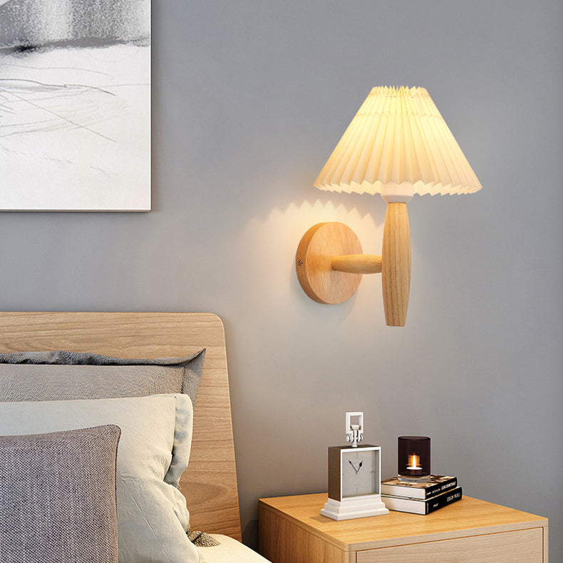 Pleated Umbrella Fabric Wood Wall Lamp