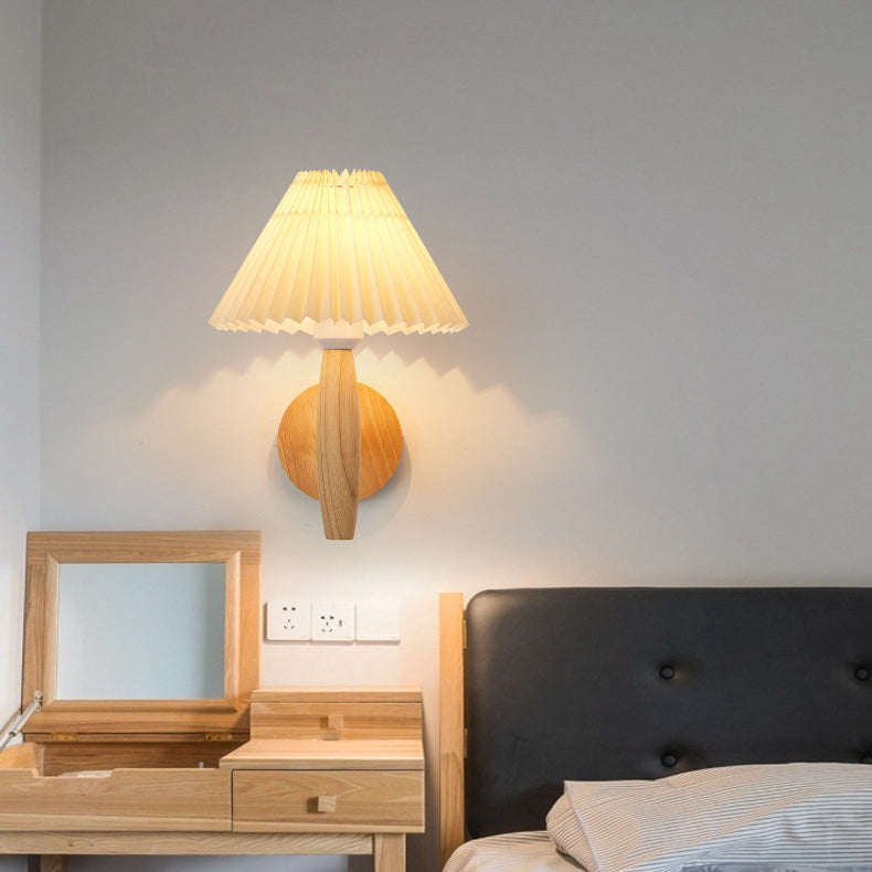 Pleated Umbrella Fabric Wood Wall Lamp