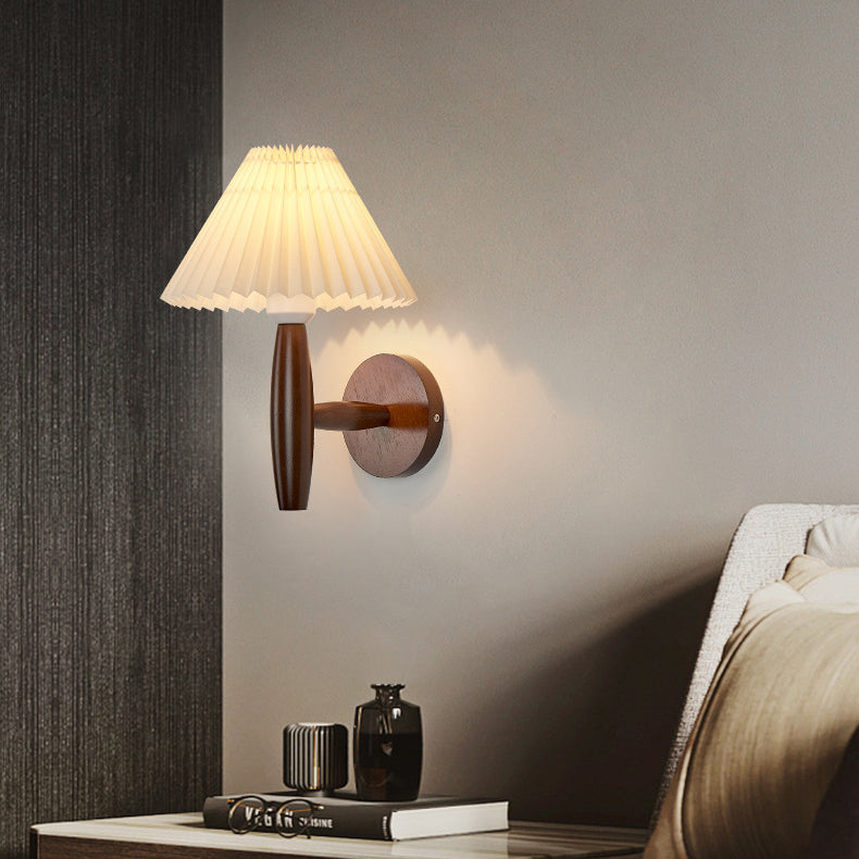 Pleated Umbrella Fabric Wood Wall Lamp