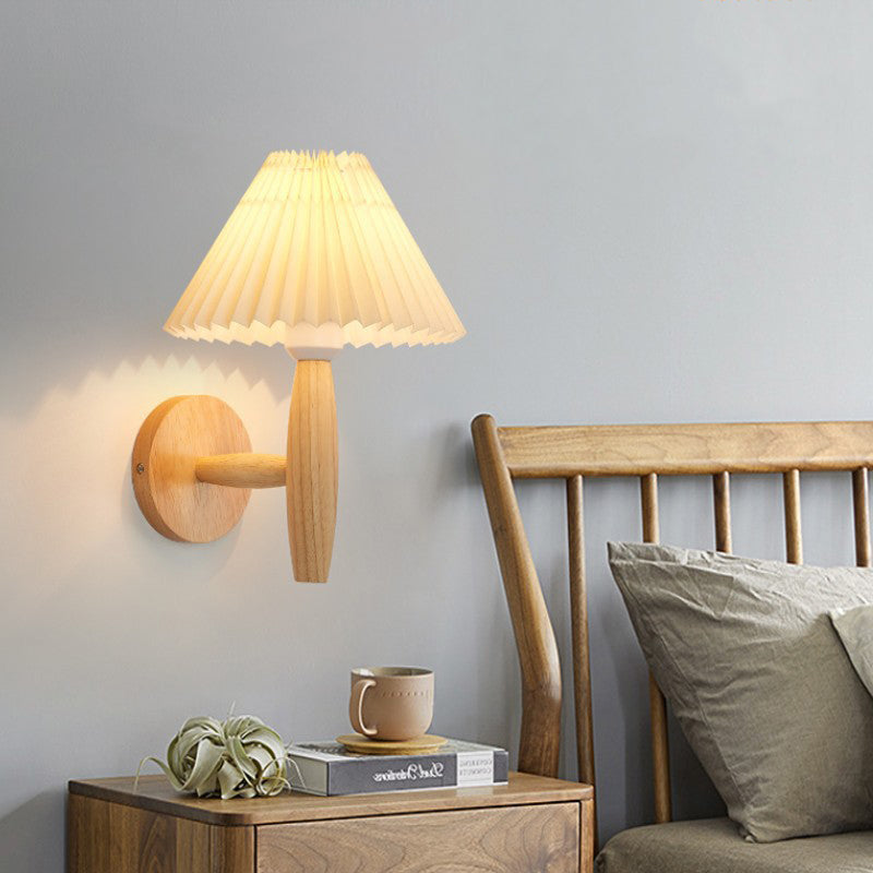 Pleated Umbrella Fabric Wood Wall Lamp
