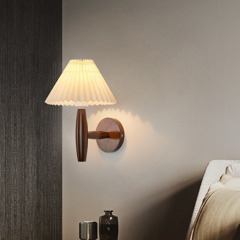 Pleated Umbrella Fabric Wood Wall Lamp
