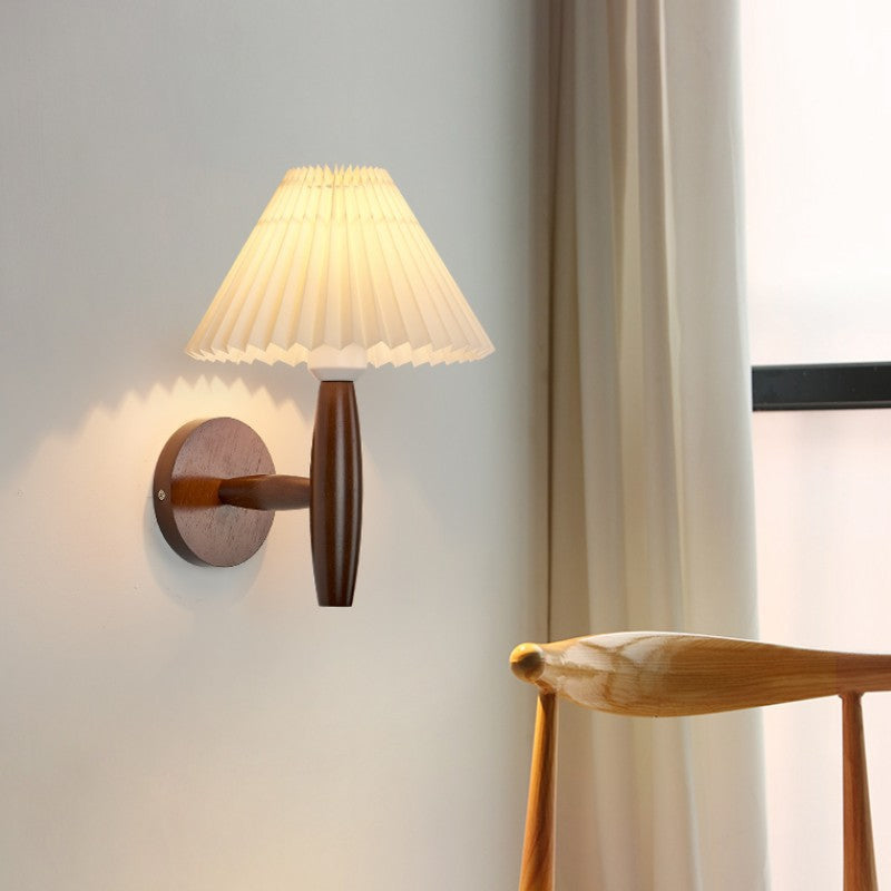Pleated Umbrella Fabric Wood Wall Lamp