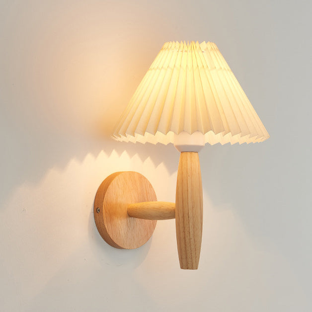 Pleated Umbrella Fabric Wood Wall Lamp