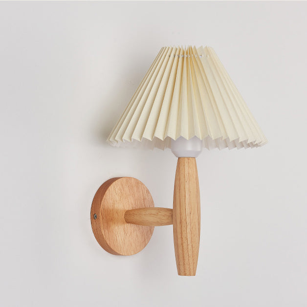 Pleated Umbrella Fabric Wood Wall Lamp