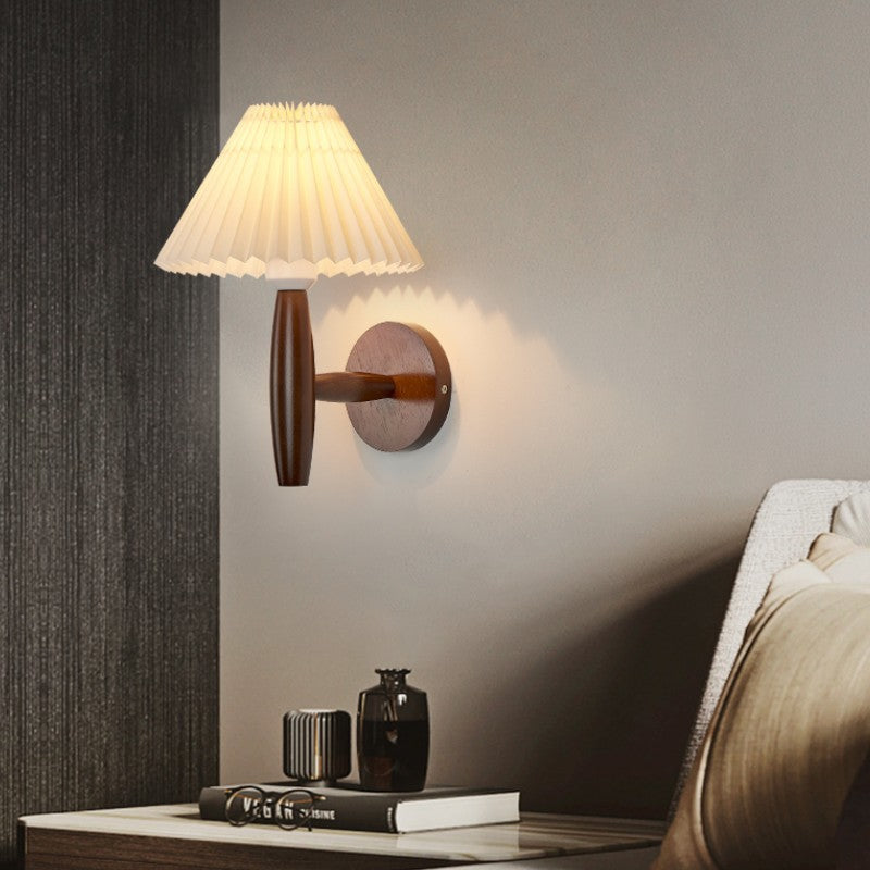 Pleated Umbrella Fabric Wood Wall Lamp