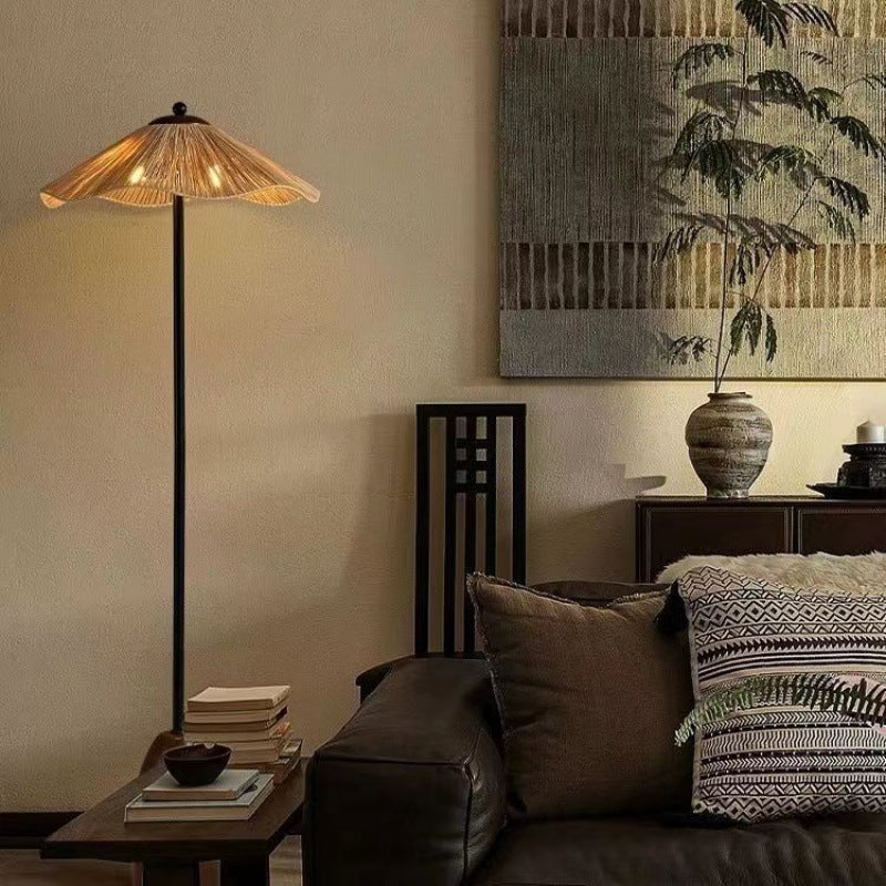 Umbrella Cylinder Iron Straw 2-Light Floor Lamp