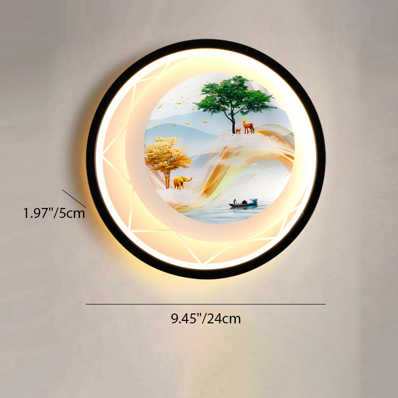 Round Peacock Deer Tree Wall Lamp
