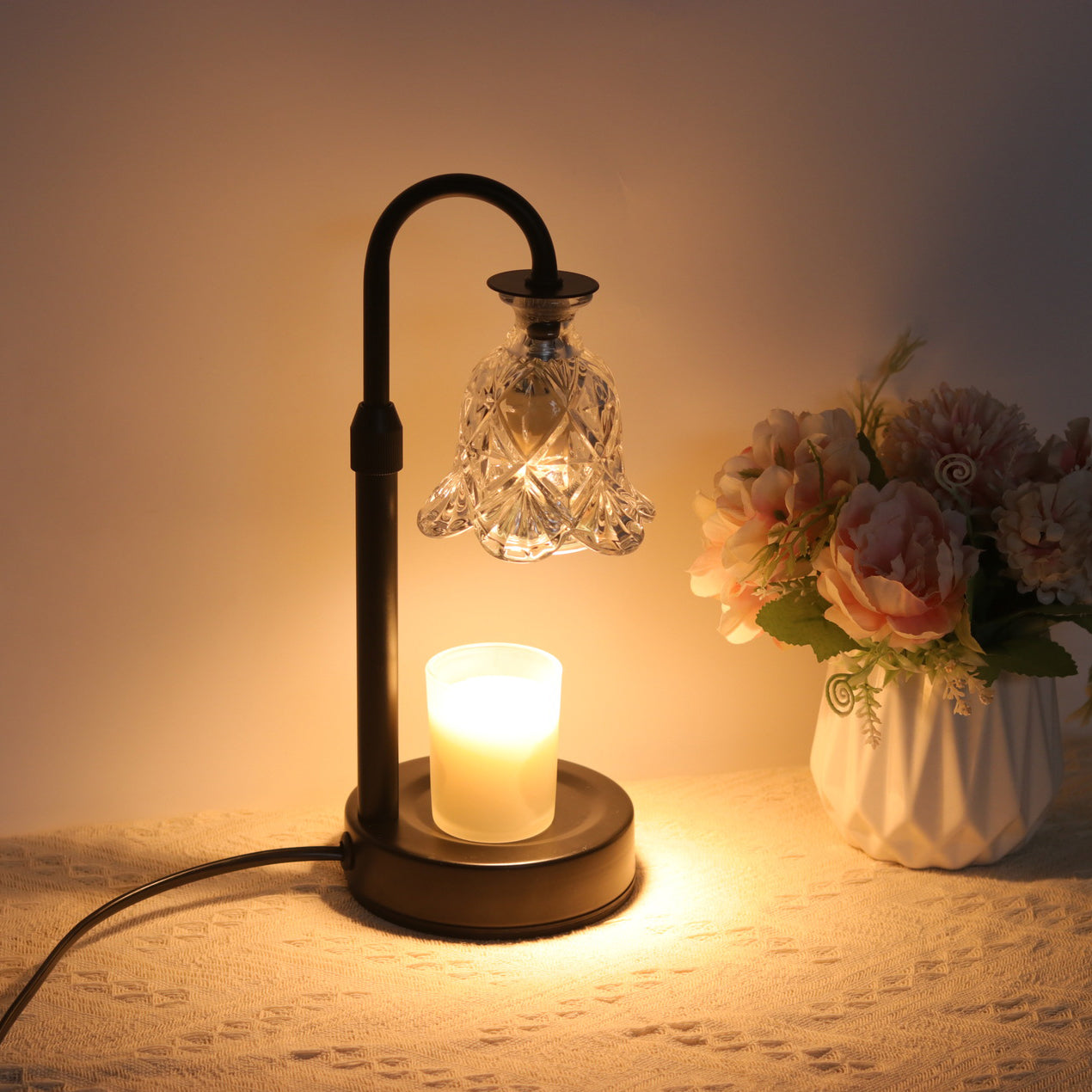 Floral Disc Iron Wood Table Lamp