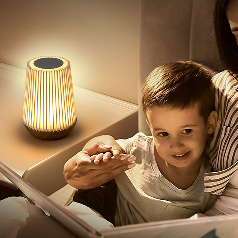 Round Striped Metal Wood Table Lamp
