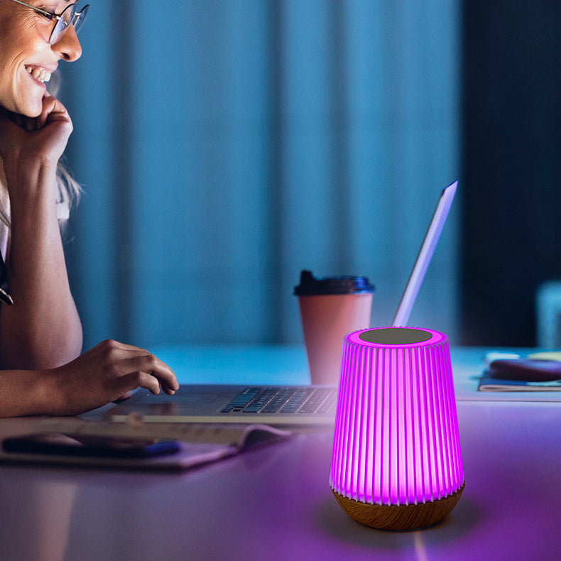 Round Striped Metal Wood Table Lamp