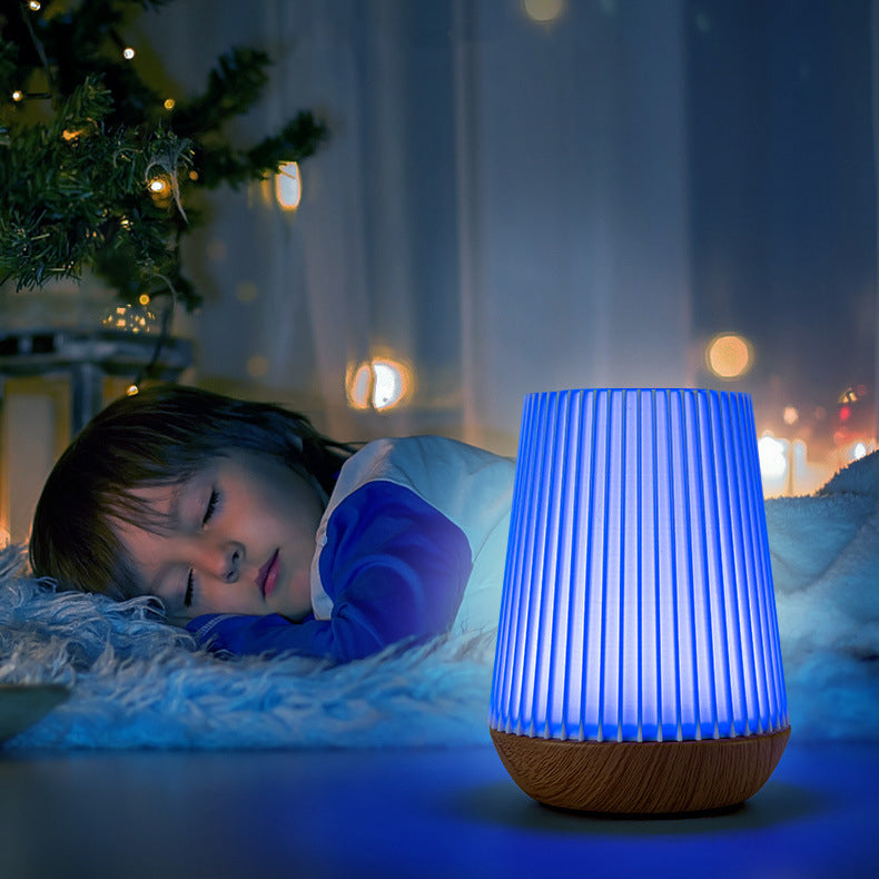 Round Striped Metal Wood Table Lamp