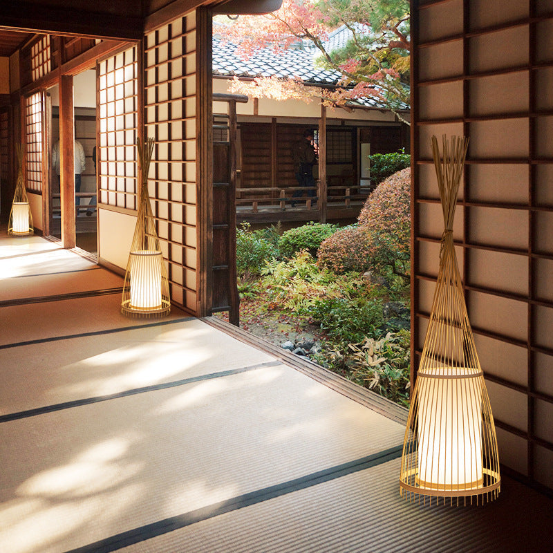 Cone Cylinder Bamboo Rattan Floor Lamp