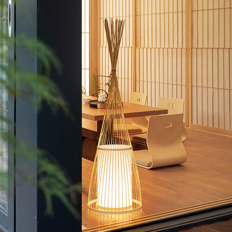 Cone Cylinder Bamboo Rattan Floor Lamp