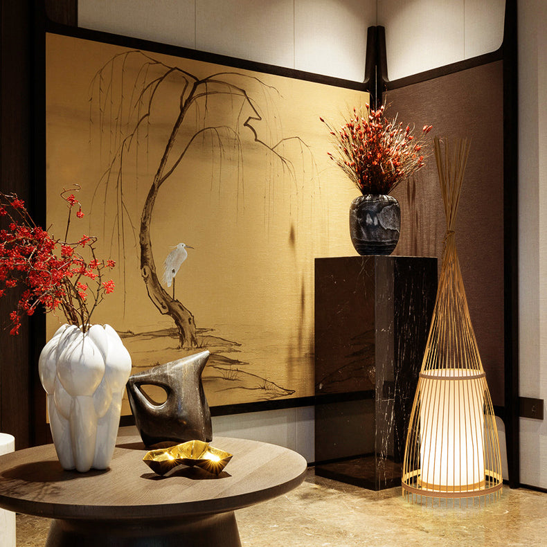 Cone Cylinder Bamboo Rattan Floor Lamp