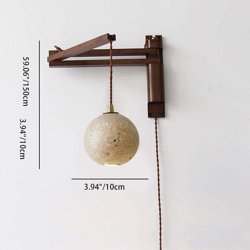 Wood Travertine Round Retractable Wall Lamp