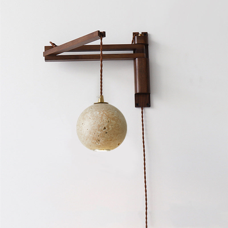 Wood Travertine Round Retractable Wall Lamp
