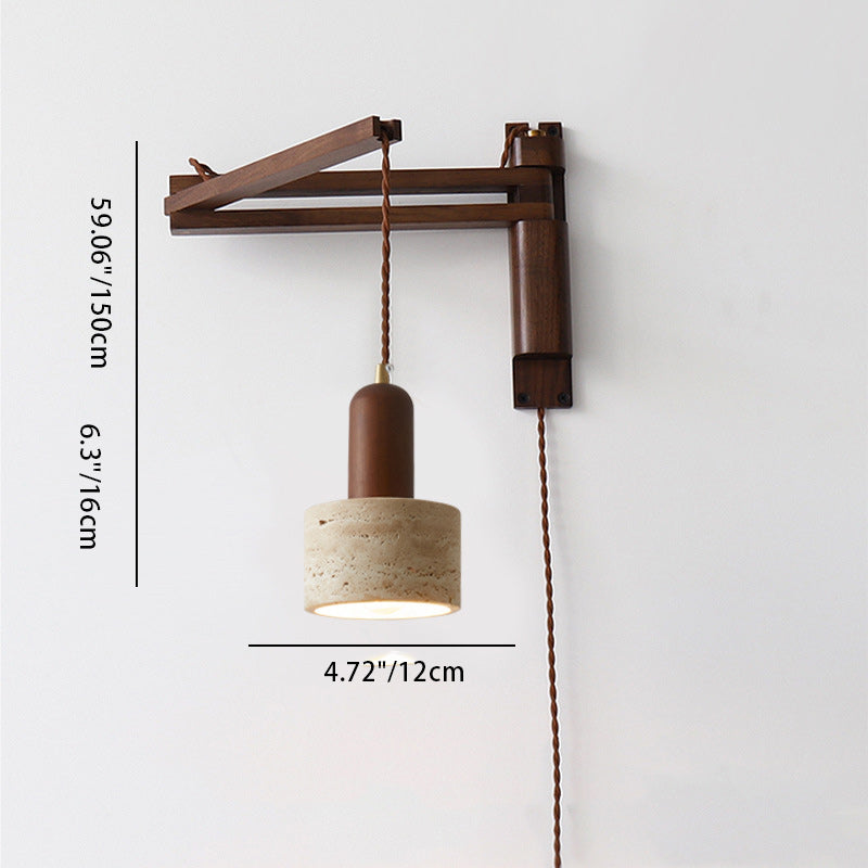 Wood Travertine Round Retractable Wall Lamp