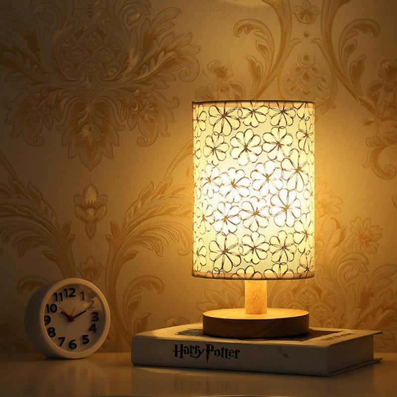 Fabric Cylinder Wood Bedroom Table Lamp