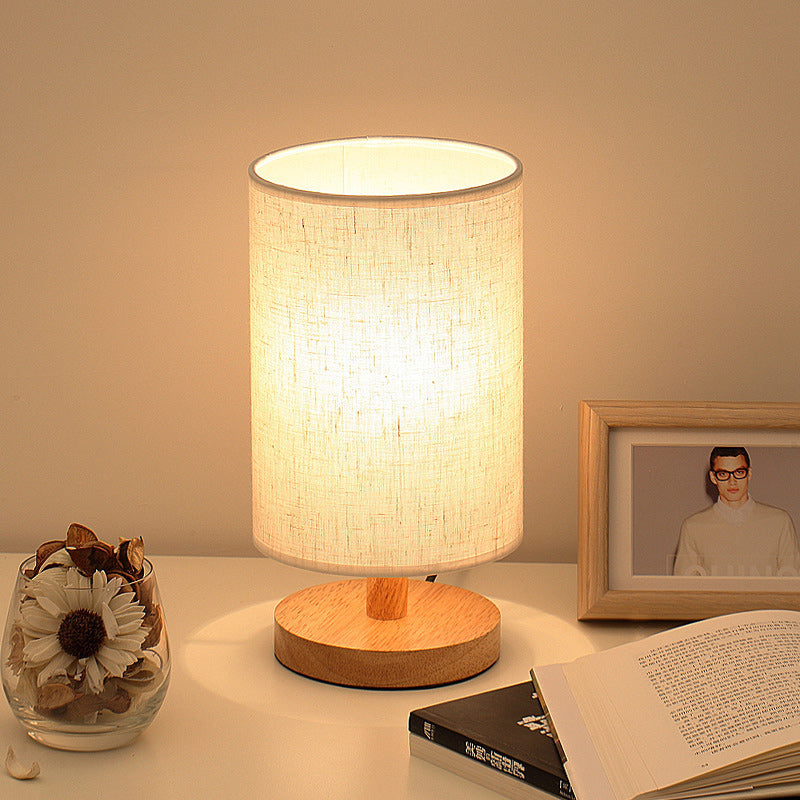 Fabric Cylinder Wood Bedroom Table Lamp