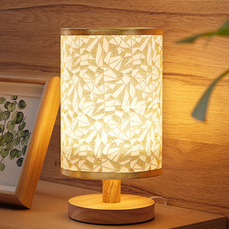 Fabric Cylinder Wood Bedroom Table Lamp