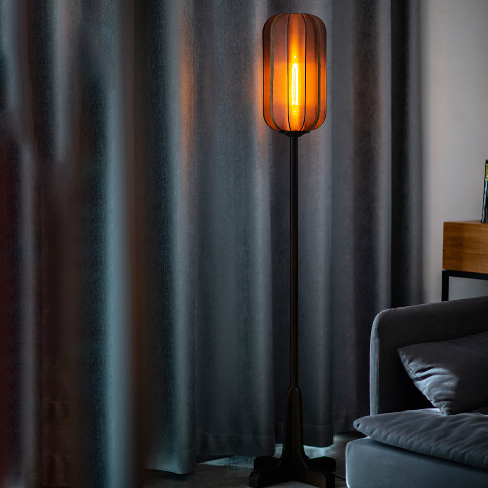 Silk Fabric Cylinder Wood Floor Lamp