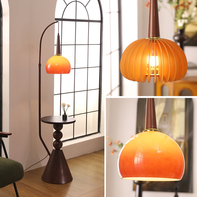 Glass Round Solid Wood Floor Lamp