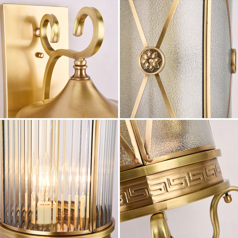 Brass Frame Cylinder Water 3-Light Outdoor Light