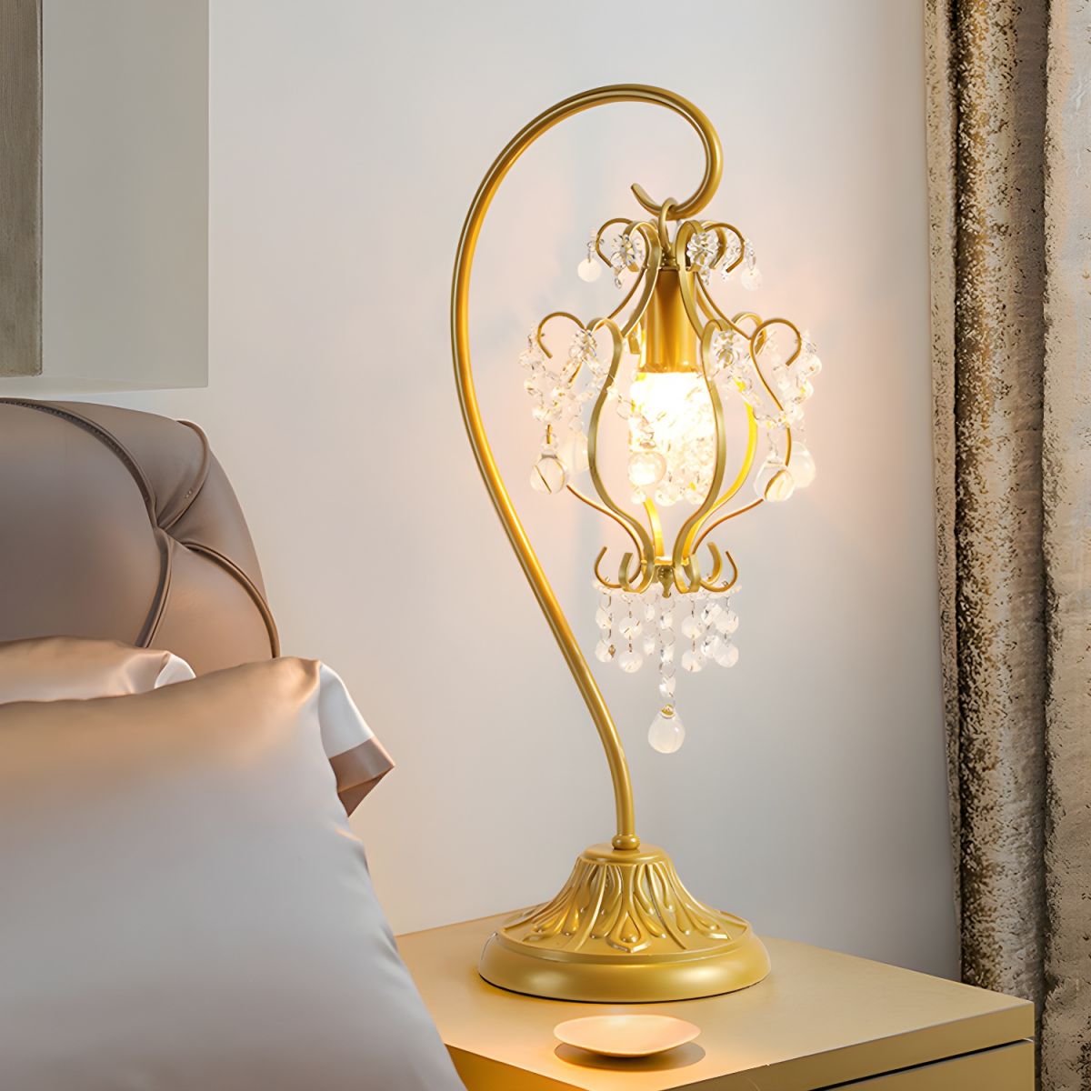Curved Iron Frame Crystal Table Lamp
