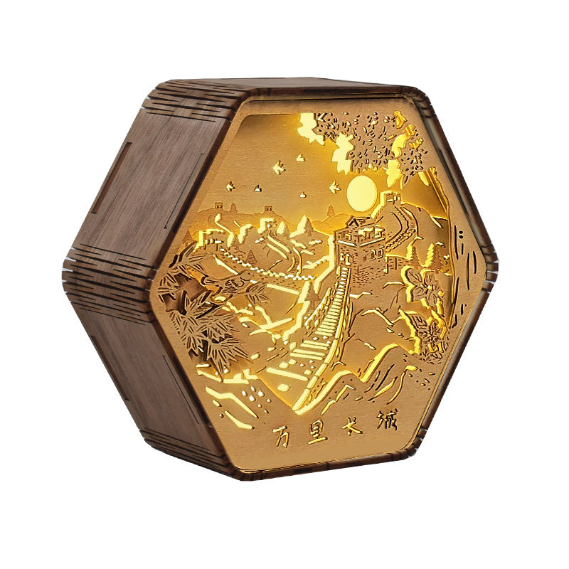 Wooden Carving Hexagonal Frame Table Lamp