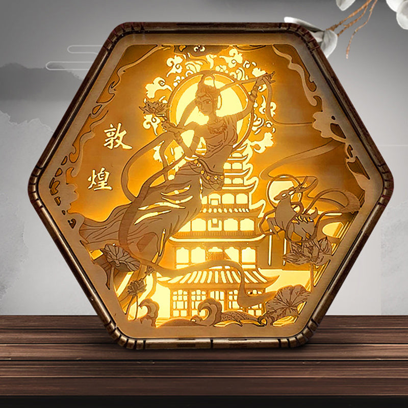 Wooden Carving Hexagonal Frame Table Lamp