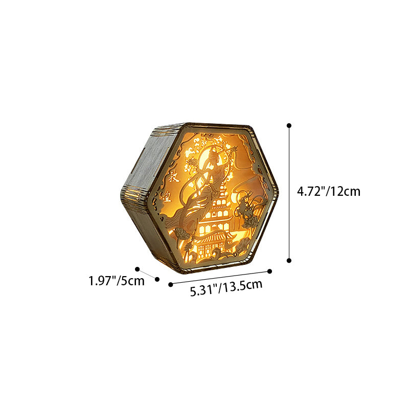Wooden Carving Hexagonal Frame Table Lamp