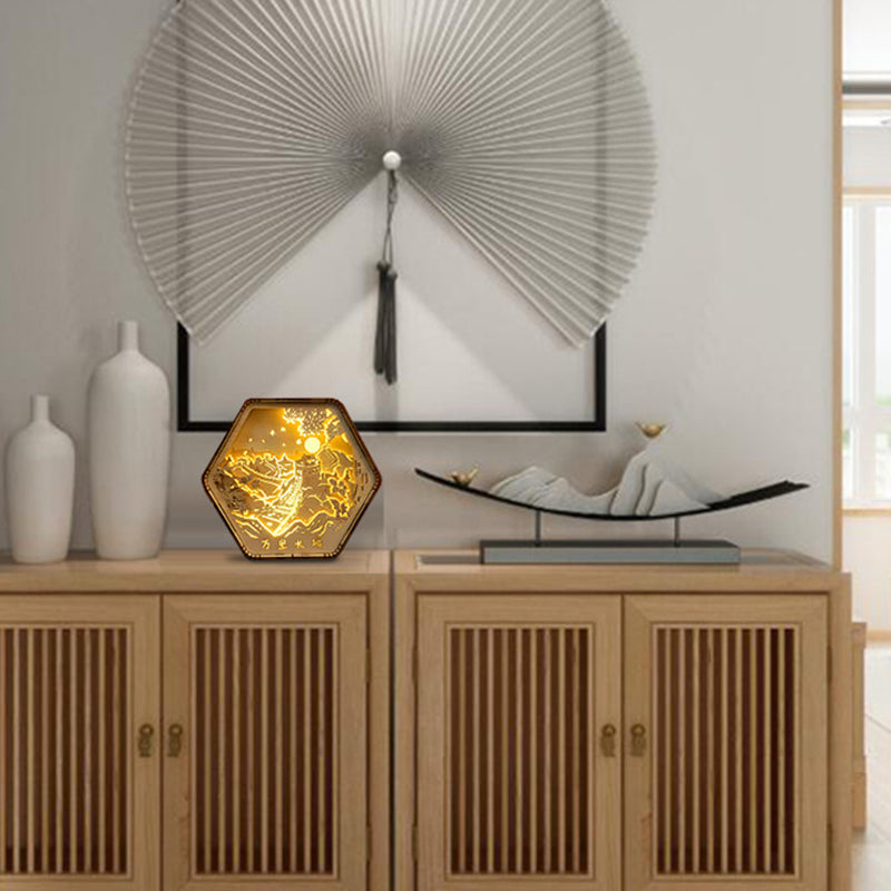 Wooden Carving Hexagonal Frame Table Lamp