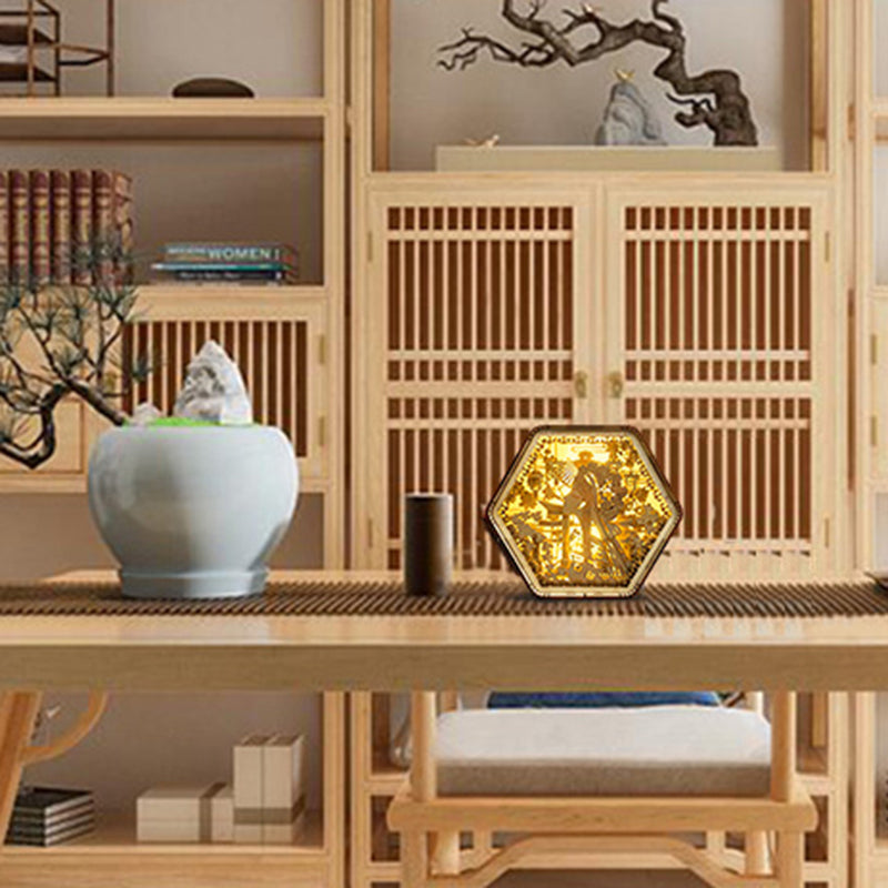Wooden Carving Hexagonal Frame Table Lamp
